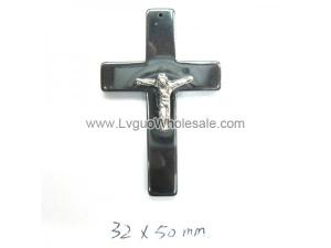 Hematite Cross Pendant 32x50mm Silver Jesus